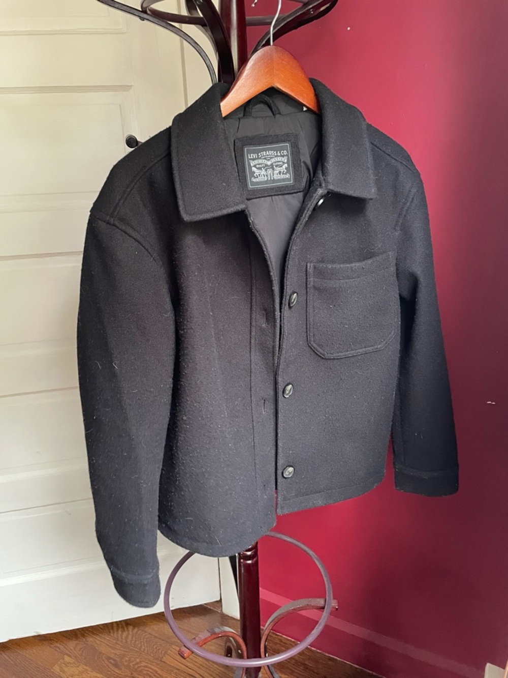 Levi's Black Men's Wool-Blend Pea Coat with Chest Pocket